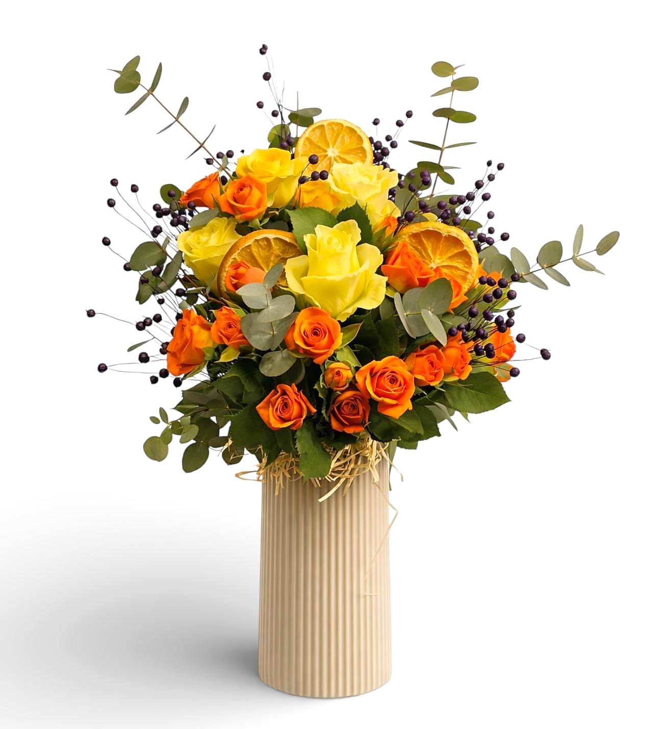 Polimer Vazoda Turuncu Güller Okaliptus Serisi